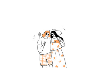 スマホのカメラで自撮りをするサングラス、夏服の女性二人、