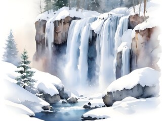 Winter Waterfall Landscape Nature Watercolor Art