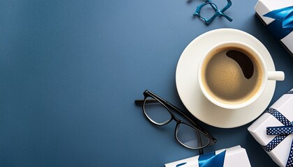 Happy Fathers Day vertical banner template. Flat lay vintage gift box, coffee cup, glasses