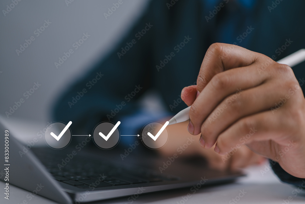 Poster Questionnaire with checkboxes, businessman filling survey form online and answer questions of test survey form concept. Education futuristic technology and learning concept.