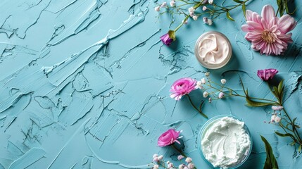 Floral themed skincare items on a blue backdrop Flat lay composition with room for text