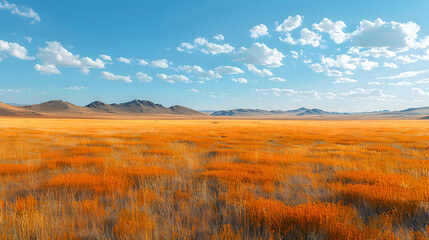 A vast nature prairie with rolling hills covered in golden grasses, the sky clear and blue above