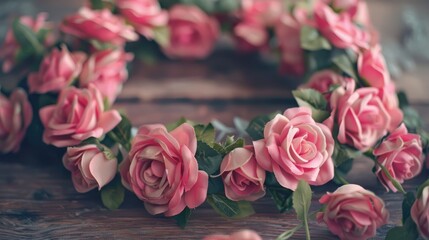 Artificial pink rose flower wreathe crafted by hand on a wooden backdrop in a macro close up shot with shallow depth of field and space for text at the bottom