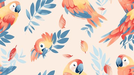 Pastel-colored seamless pattern with cute hand-drawn comic pigeon characters, flying and perched on branches, showcasing a fun and lighthearted style