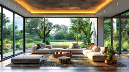 Fototapeta premium Natural purple shade living room of a house resort by golf grassland