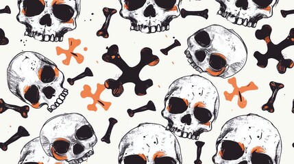 Seamless pattern of hand-drawn Halloween skulls and crossbones, showcasing a creepy and festive holiday style