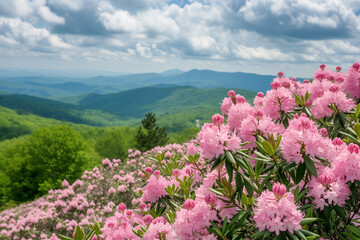 Fototapeta premium Blooming pink mountain laurel flowers along the Blue Ridge Parkway near Asheville, North Carolina. These flower blooms are common in the Southern Appalachian Mountains and typically bloom in late spri