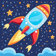 rocket spaceship flying in space for school kids learning cartoon illustration