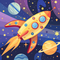 Naklejka premium rocket spaceship flying in space for school kids learning cartoon illustration