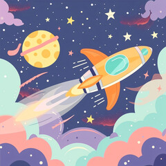 rocket spaceship flying in space for school kids learning cartoon illustration