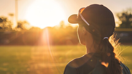 Closeup of a determined woman softball player standing on the field in the sun, ready for action.