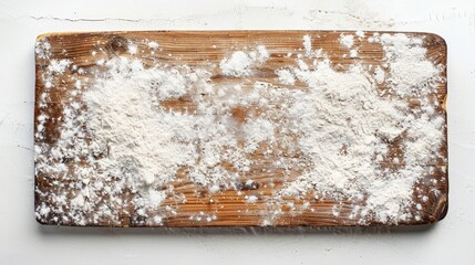 Close up top view of an aged wooden board covered in flour on a white background