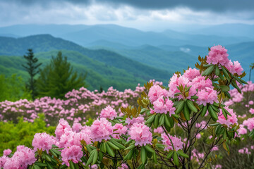 Blooming pink mountain laurel flowers along the Blue Ridge Parkway near Asheville, North Carolina. These flower blooms are common in the Southern Appalachian Mountains and typically bloom in late spri