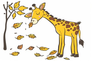 Fototapeta premium Cartoon cute doodles of a yellow and brown giraffe reaching for leaves, Generative AI