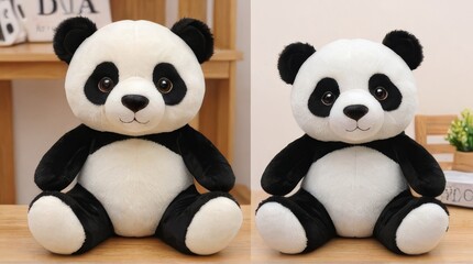 Cute Panda Plush Toy Sitting on Wooden Table