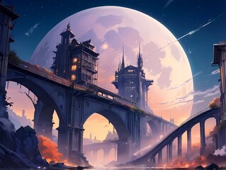 ゲーム背景　城と町の融合したファンタジー都市古代文明神殿跡の満月の夜