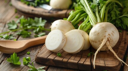 Freshly cut white turnip on wooden table in home kitchen
