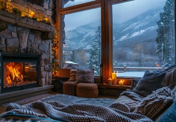 A cozy mountain cabin living room with a roaring fireplace, plush blankets, and snow gently falling outside the large picture window. The warm interior contrasts with the wintery wonderland outside.