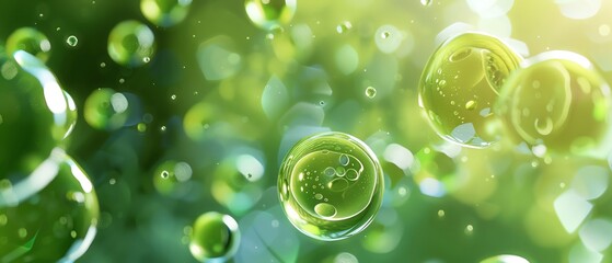 a green micro sunk in light, background with blurred, macro shot of cells and spheres, concept for medical or scientific themes