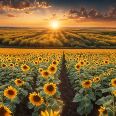 Obraz premium summer-landscape-beauty-sunset-over-sunflowers-field-panoramic-views