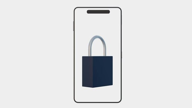 3d animation of a smartphone and a rotating black padlock with a keyhole on the middle of phone screen
