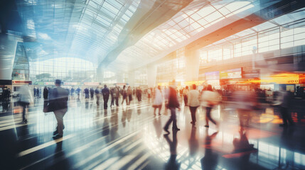 Traveling concept. Crowded modern airport terminal with travelers rushing to their gates. As business people, tourists, and families navigate through the terminal, images double exposure, blurred.