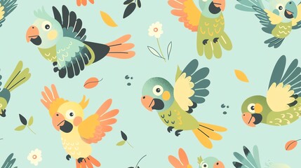 Pastel-colored seamless pattern with cute hand-drawn comic pigeon characters, flying and perched on branches, showcasing a fun and lighthearted style