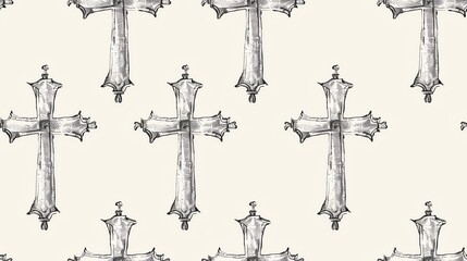 Seamless pattern of hand-drawn Christian crosses with intricate details and floral accents, creating an elegant and spiritual design
