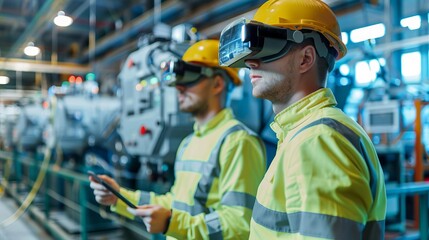 Engineers wearing VR glasses and safety gear in industrial factory inspecting machinery and equipment for maintenance and quality.