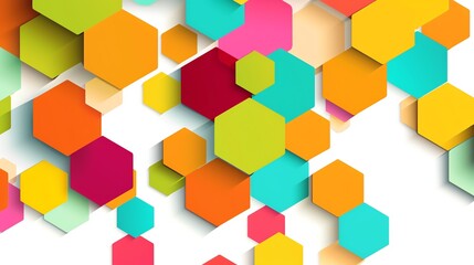 Brightly colored hexagons, rule of thirds, flat design, white background, clean and sharp graphic