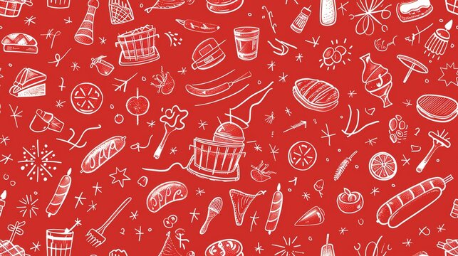 Seamless pattern of hand-drawn Fourth of July elements like barbecue grills, hot dogs, and sparklers, perfect for a festive and fun Independence Day design