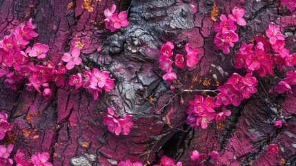 Close up of vibrant pink flowers blooming on a Judas tree scientifically known as Cercis siliquastrum The rich pink blossoms emerge on mature growth such as the trunk during the spring seas - Powered by Adobe