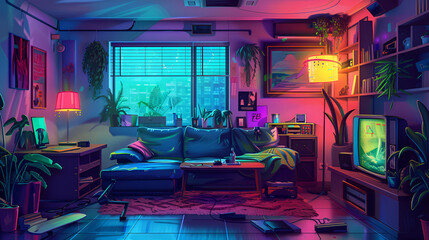 Concept art illustration of apartment living room in neon light, generative ai