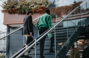 Two men in business attire ascending glass-paneled stairs outside a contemporary building...