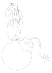 One continuous line of Graduati man and bomb. Thin Line Illustration vector concept. Contour Drawing Creative ideas.