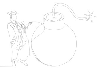 One continuous line of Graduati man and bomb. Thin Line Illustration vector concept. Contour Drawing Creative ideas.