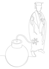 One continuous line of Graduati man and bomb. Thin Line Illustration vector concept. Contour Drawing Creative ideas.