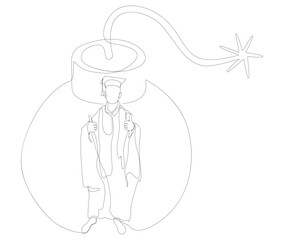 One continuous line of Graduati man and bomb. Thin Line Illustration vector concept. Contour Drawing Creative ideas.