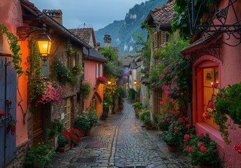 Fototapeta premium A quaint cobblestone street in a historic European village, illuminated by warm, glowing street lamps and lined with flower boxes overflowing with vibrant blooms.