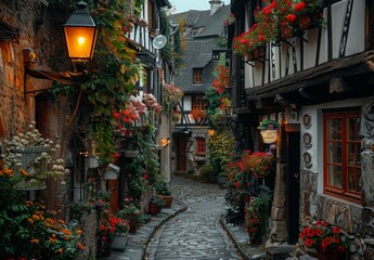 Fototapeta premium A quaint cobblestone street in a historic European village, illuminated by warm, glowing street lamps and lined with flower boxes overflowing with vibrant blooms.