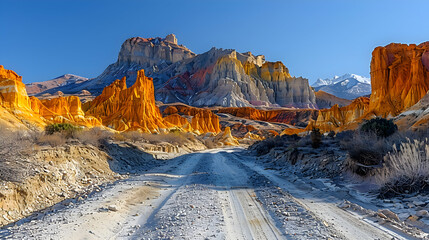 A vibrant nature badland landscape with colorful rock formations and a clear blue sky