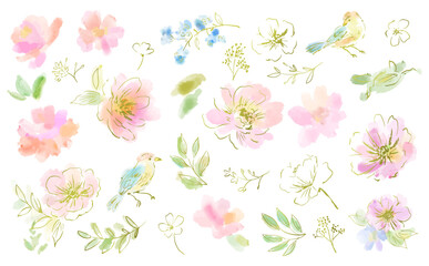 A vector illustration set of pink flowers and small birds in line drawing and watercolor style, a hand-drawn floral and bird illustration set for wedding invitations