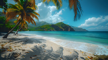 A vibrant nature beach scene with palm trees swaying in the breeze and clear blue skies