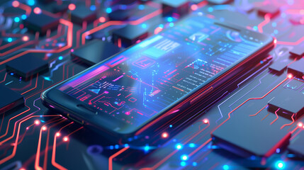 A cell phone is displayed on a blue background with a cityscape. Concept of technology and connectivity, as the phone is the central focus of the scene