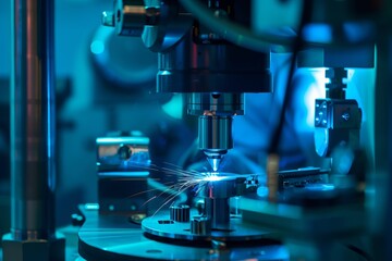A welder fabricating a custom metal part in a laboratory, front view, highlighting precision engineering, digital tone, black and white