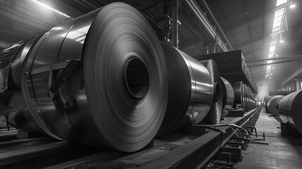 Cold rolled steel being processed in a modern factory, side view, ensuring structural integrity, digital tone, black and white