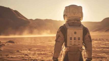 astronaut standing alone on planet mars watching mountain sunset background