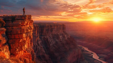 Naklejka premium A lone hiker stands on a cliff edge, overlooking a majestic canyon at sunset. The sky is painted in vibrant colors.