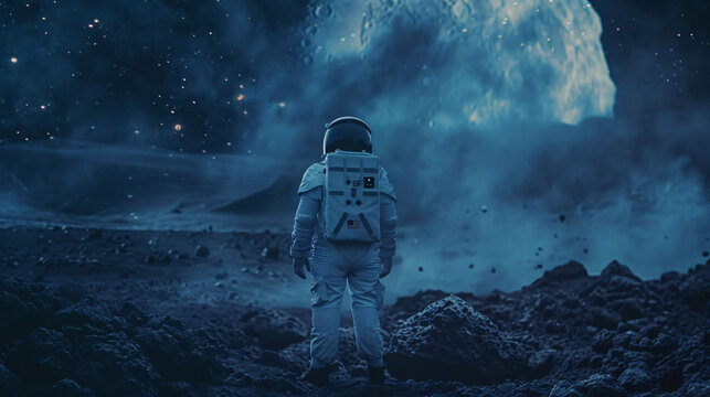sad astronaut standing alone on planet mars with space galaxy background
