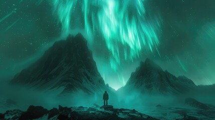 A solitary figure stands beneath the vibrant, green Northern Lights over a misty, mountainous landscape in this stunning night display.